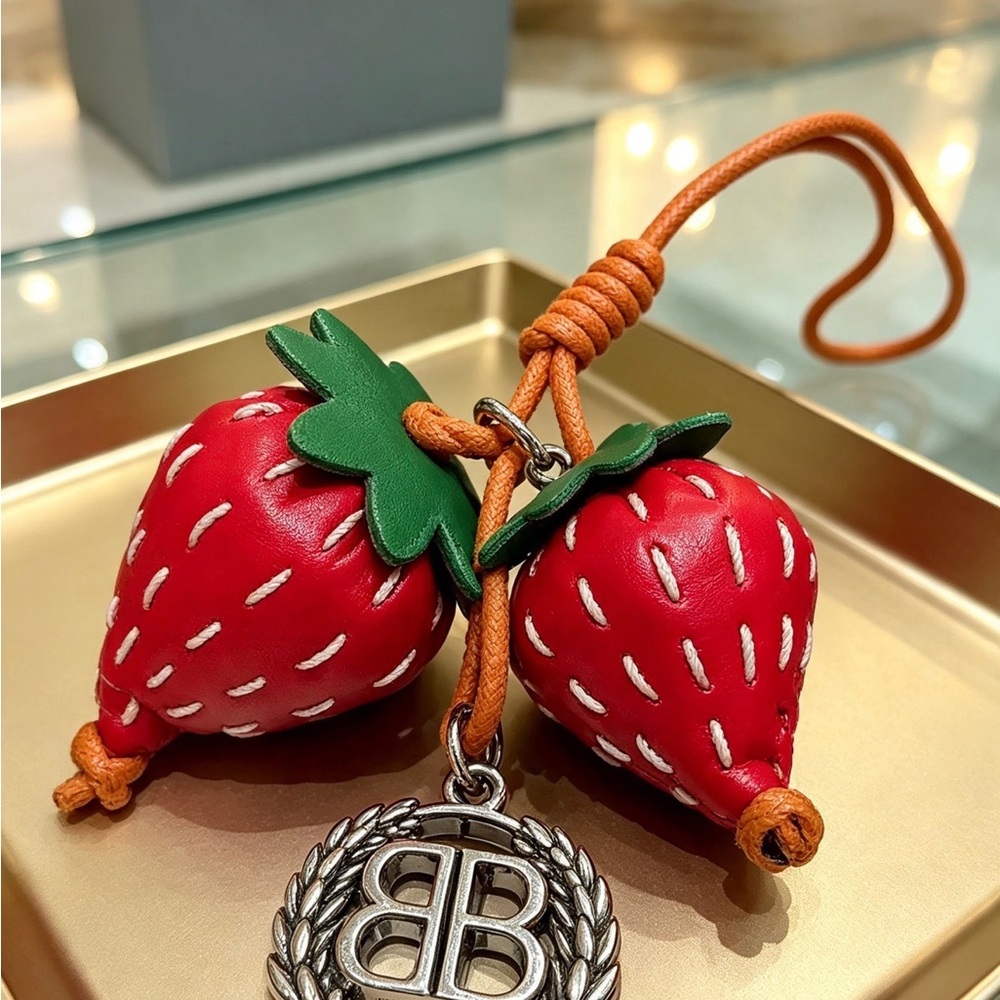 Wilsons Leather Red Strawberry Charm Key & Card Holder with Green Leaves